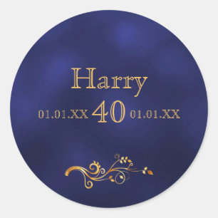 40th birthday elegant dark blue and gold classic round sticker