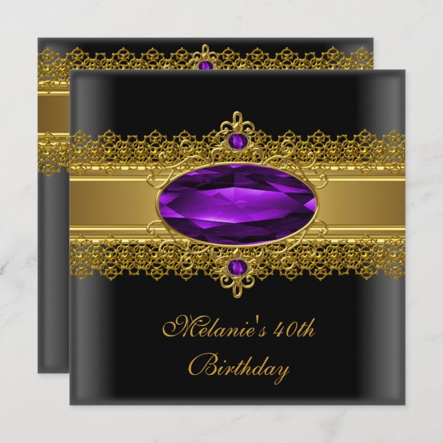 40th Birthday Elegant Lace Black Purple Gold Invitation (Front/Back)