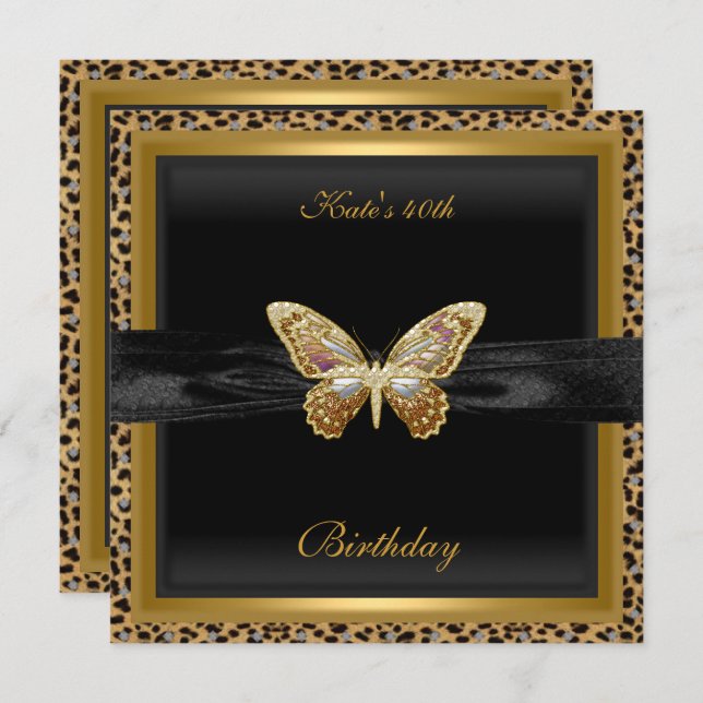40th Birthday Elegant Leopard Gold Butterfly Invitation (Front/Back)