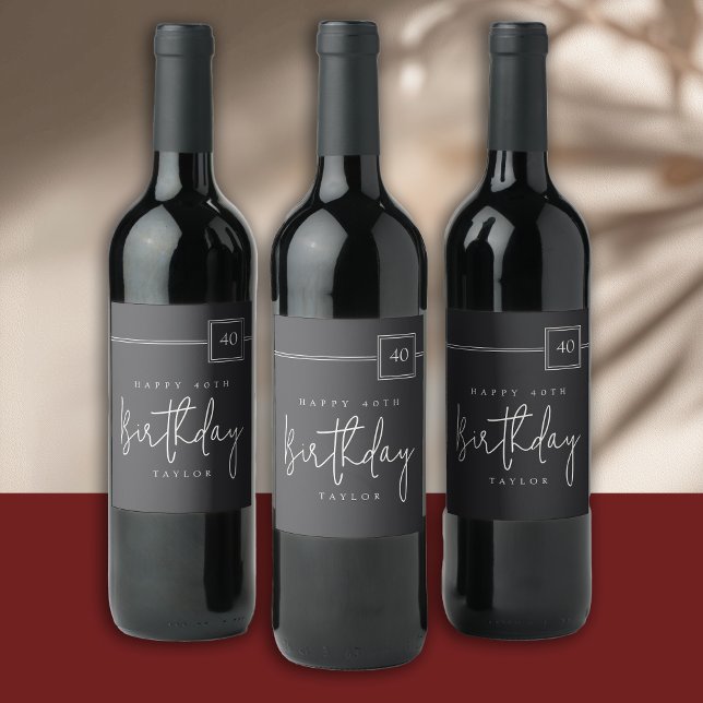 40th Birthday Elegant Minimalist Flat Black Wine Label (Creator Uploaded)