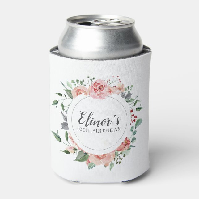40th Birthday Elegant Pink Rose Floral Can Cooler (Can Front)