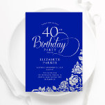 40th Birthday Elegant Royal Blue Silver Roses Invitation<br><div class="desc">Simple elegant 40th birthday party invitation in royal blue and silver. Classy design featuring roses, faux silver foil and typography script font. Trendy invite card perfect for a stylish female bday celebration. Personalise with your own details. Can be customised to any age. Printed Zazzle invitations or instant download digital printable...</div>