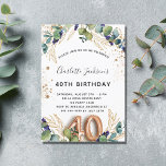 40th birthday eucalyptus greenery glitter elegant invitation<br><div class="desc">For a 40th birthday party. A white background decorated with eucalyptus greenery and golden leaves. Golden faux glitter spots. Personalize and add your names and wedding details. Black and golden colored letters. Number 40 is written with balloon style font.
Back: white background and golden faux glitter spots</div>