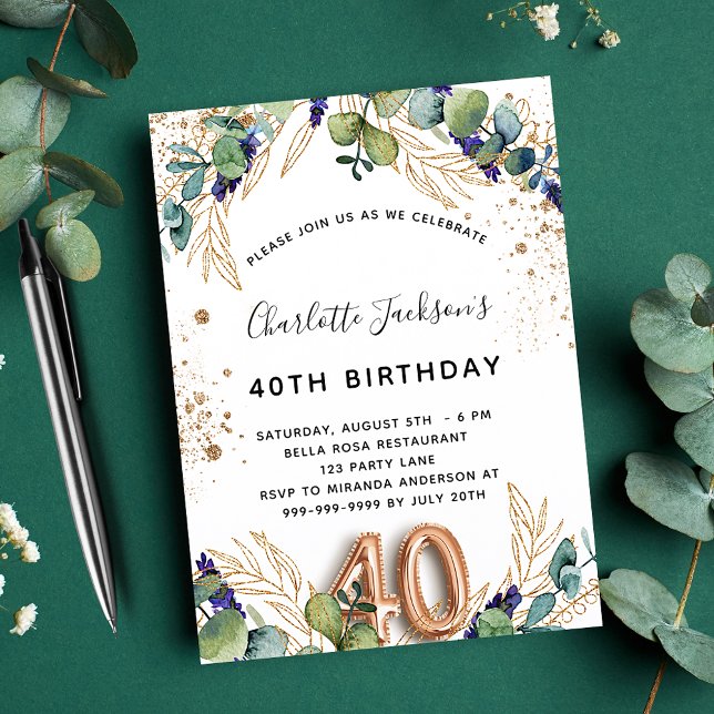 40th birthday eucalyptus greenery glitter elegant invitation postcard (Creator Uploaded)