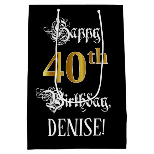 40th Birthday ~ Fancy Script; Faux Gold Look; Name Medium Gift Bag