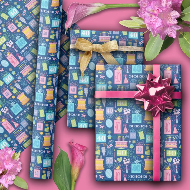 40th Birthday Floral Cake Balloons Hat Presents  Wrapping Paper (Creator Uploaded)