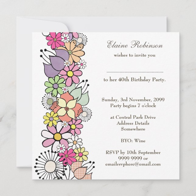 40th Birthday Floral Number 40 Custom Invitation (Back)