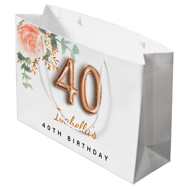 40th birthday floral rose gold eucalyptus birthday large gift bag (Back Angled)