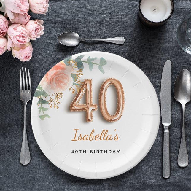 40th birthday floral rose gold eucalyptus monogram paper plate (Creator Uploaded)