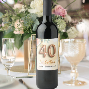 40th birthday floral rose gold eucalyptus monogram wine label