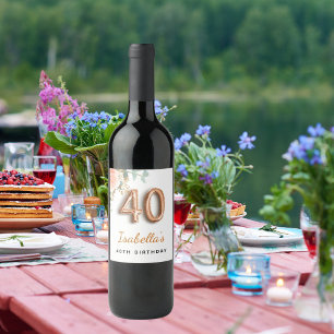 40th birthday floral rose gold eucalyptus monogram wine label
