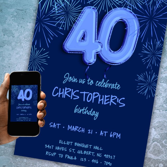 40th Birthday for Him Blue Foil Balloon Fireworks Invitation (Creator Uploaded)