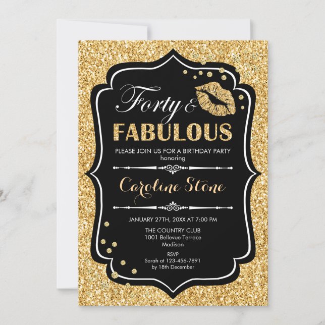 40th Birthday - Forty Fabulous Gold Black Invitation (Front)