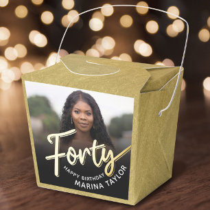 40th birthday Forty script gold black photo  Favour Box