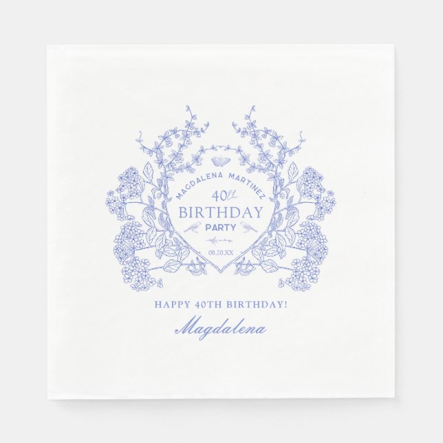 40th Birthday French Blue Floral Crest Custom Napkin (Front)