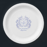 40th Birthday French Blue Floral Crest Custom Paper Plate<br><div class="desc">An elegant French vintage blue floral crest takes centre stage on this timeless custom paper plate. Ornate,  formal and very feminine will make any birthday lady feel very special. Coordinating party supplies are available.</div>