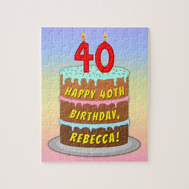 40th Birthday: Fun Cake and Candles + Custom Name Jigsaw Puzzle (Vertical)