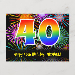 40th Birthday – Fun Fireworks Pattern + Rainbow 40 Postcard