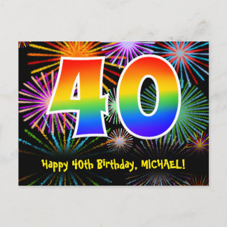 40th Birthday – Fun Fireworks Pattern + Rainbow 40 Postcard