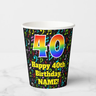 40th Birthday: Fun Music Notes Pattern, Rainbow 40 Paper Cups