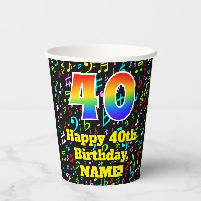40th Birthday: Fun Music Notes Pattern, Rainbow 40 Paper Cups (Back)