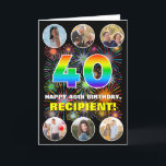 40th Birthday: Fun Rainbow #, Custom Name & Photos Card<br><div class="desc">The front of this upbeat and exciting birthday themed greeting card design features the number “40“ having a vibrant rainbow spectrum inspired gradient pattern, along with the message “HAPPY 40th BIRTHDAY, ” and an editable name, on a multicolored bursting fireworks inspired pattern. At the top and the bottom of the...</div>