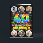 40th Birthday: Fun Rainbow #, Custom Name & Photos Card<br><div class="desc">The front of this upbeat and exciting birthday themed greeting card design features the number “40“ having a vibrant rainbow spectrum inspired gradient pattern, along with the message “HAPPY 40th BIRTHDAY, ” and an editable name, on a multicolored bursting fireworks inspired pattern. At the top and the bottom of the...</div>