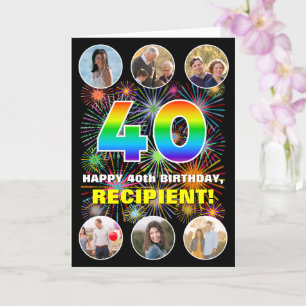 40th Birthday: Fun Rainbow #, Custom Name & Photos Card