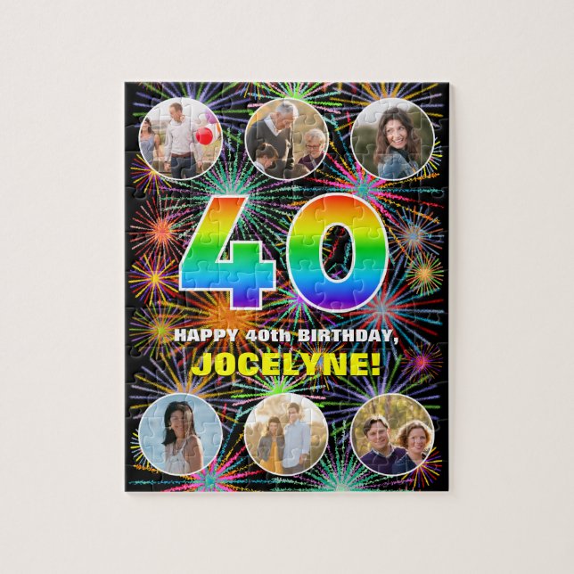 40th Birthday: Fun Rainbow #, Custom Name + Photos Jigsaw Puzzle (Vertical)