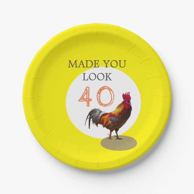 40th Birthday Fun Rooster Chicken  Male Paper Plate (Front)