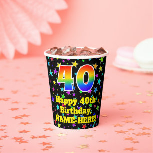 40th Birthday: Fun Stars Pattern and Rainbow 40 Paper Cups