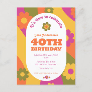 40th Birthday funky floral invitation  Postcard