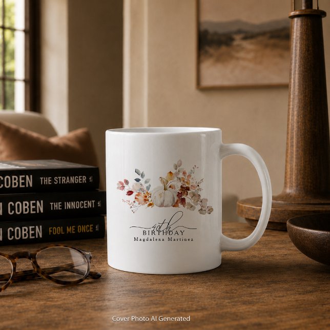 40th Birthday Gift White Pumpkin Fall Flowers Coffee Mug (Creator Uploaded)