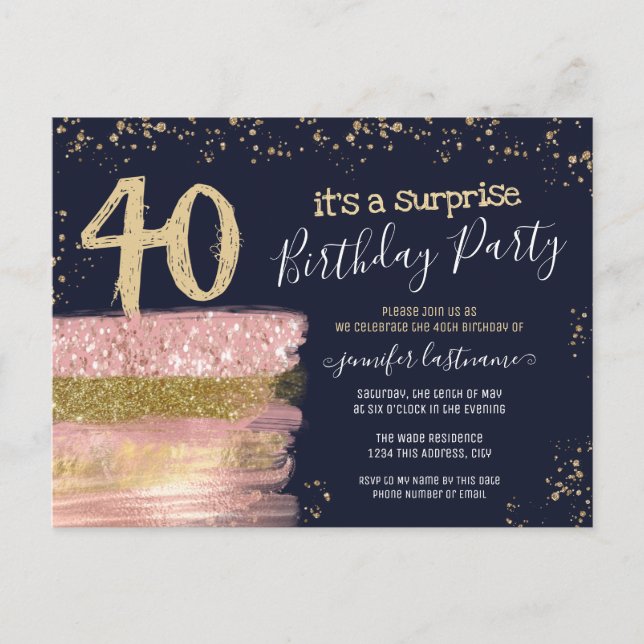 40th Birthday Glitter Cake Surprise Party Postcard (Front)