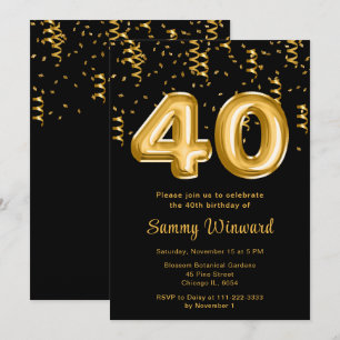 40th Birthday Gold Balloons with Confetti Invitation