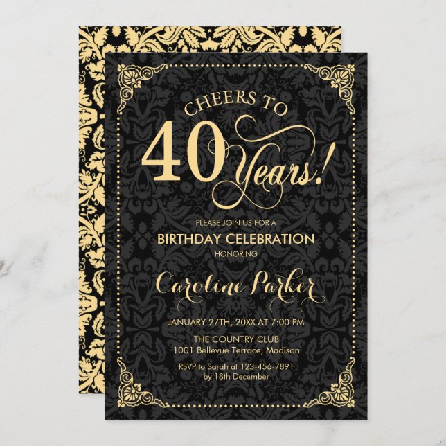 40th Birthday - Gold Black Damask Invitation (Front/Back)