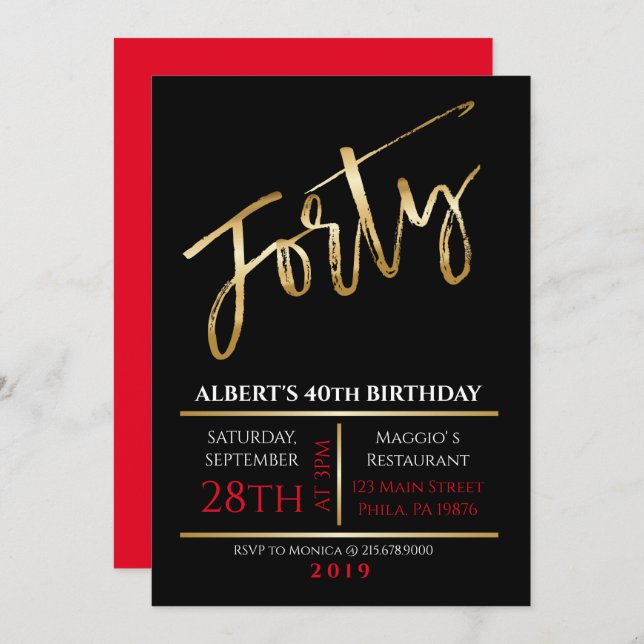 40th Birthday Gold Black Party Invitation (Front/Back)