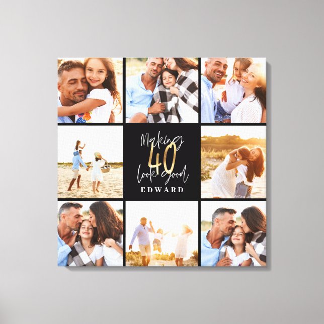 40th birthday gold black photo collage birthday canvas print (Front)