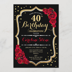 40th Birthday - Gold Black Red Roses Invitation
