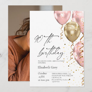 40th Birthday Gold Blush Pink Balloons Modern Invitation