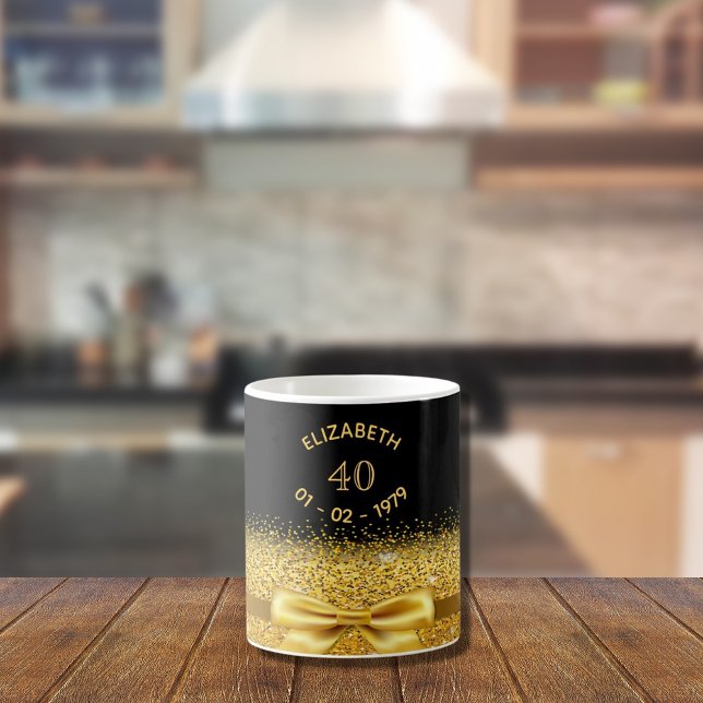 40th birthday gold bow black name sparkle age coffee mug (Creator Uploaded)