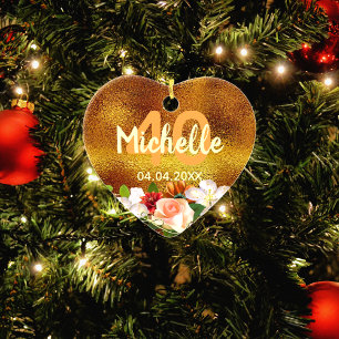 40th birthday gold flowers name ceramic tree decoration
