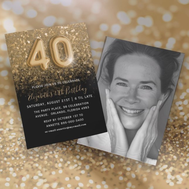 40th Birthday Gold Glitter & Black Party Invitation (Creator Uploaded)