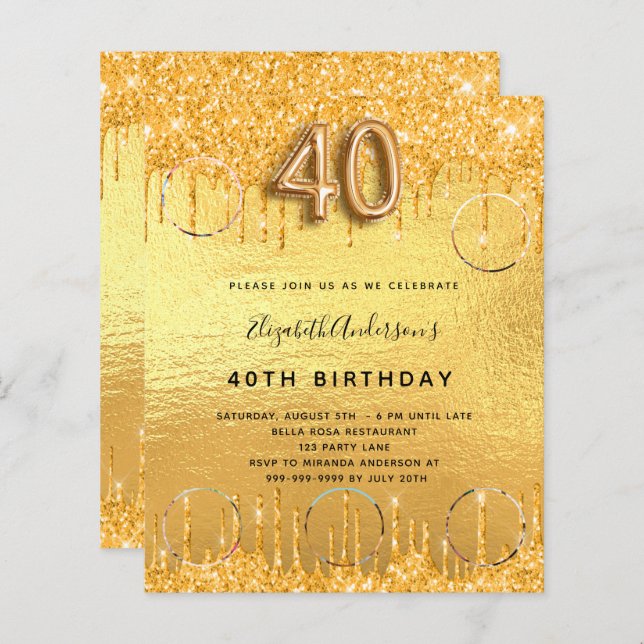40th Birthday gold glitter drips photo invitation (Front/Back)