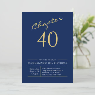40th Birthday Gold Modern Script Blue Invitation