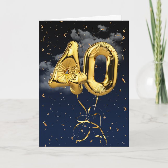 40th Birthday Gold Mylar Balloon and Confetti Card (Front)