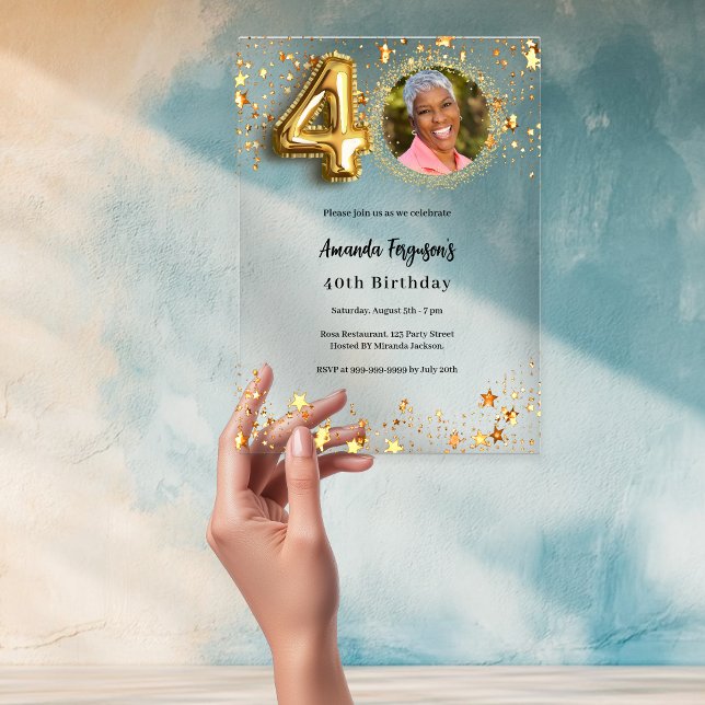 40th birthday gold photo stars clear acrylic invitations (Creator Uploaded)