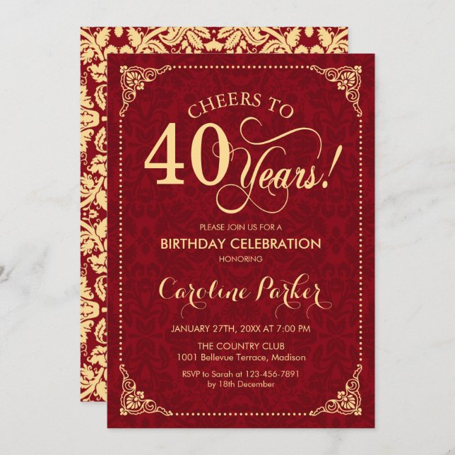 40th Birthday - Gold Red Damask Invitation (Front/Back)
