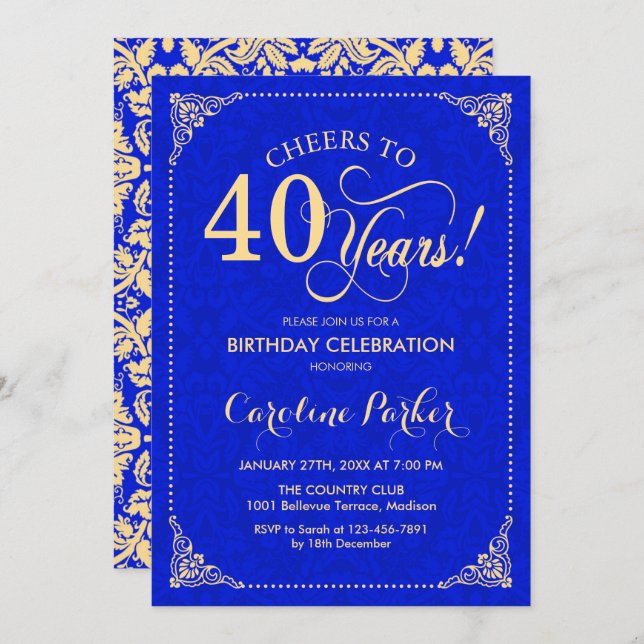 40th Birthday - Gold Royal Blue Damask Invitation (Front/Back)