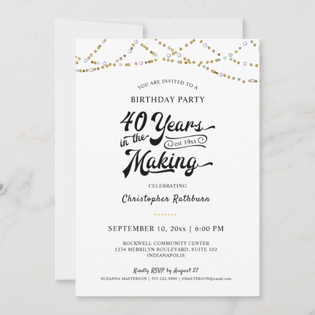 40th Birthday Gold String Lights Invitation (Front)